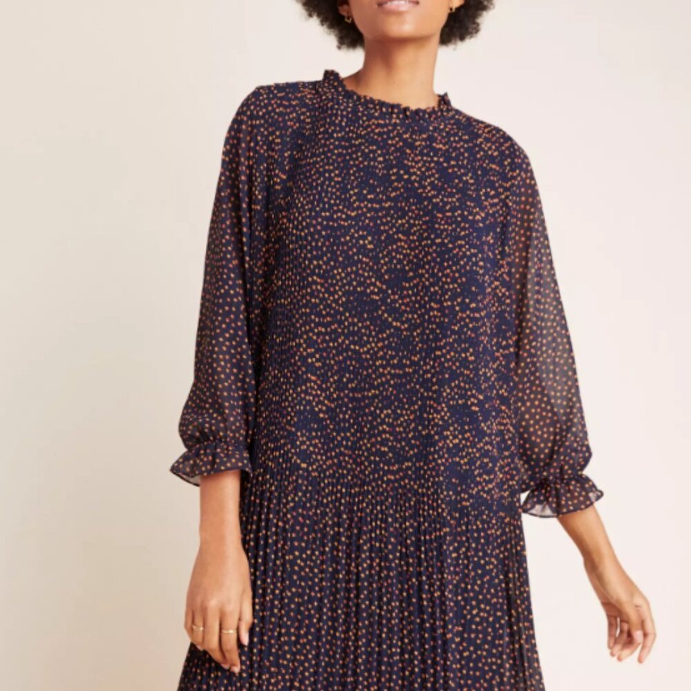 Anthropologie Navy Mini Dress with Rust Dot Print